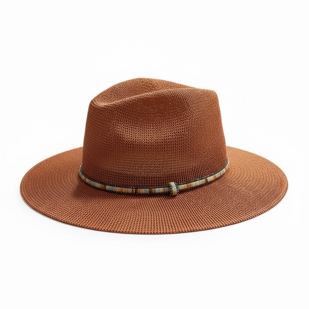 Anthropologie Cali Dream Rust Boho Wide Brim Fedora Hat Beaded Band‎ One Size